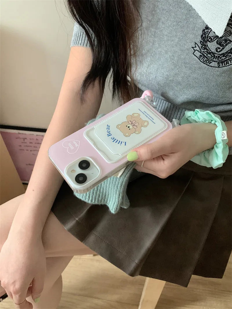 Pink bear TPU phone case with card holder and lanyard for iPhone 13