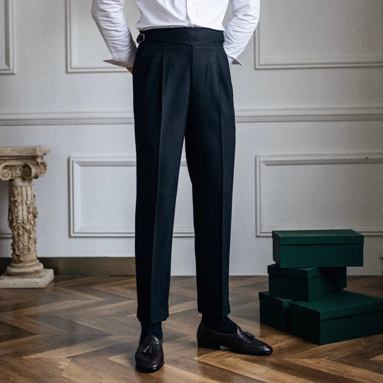 Men's high waist straight leg casual trousers in black polyester fabric on a mannequin.