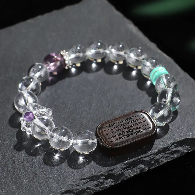 Handmade natural white crystal ebony bracelet with five warp ethnic design