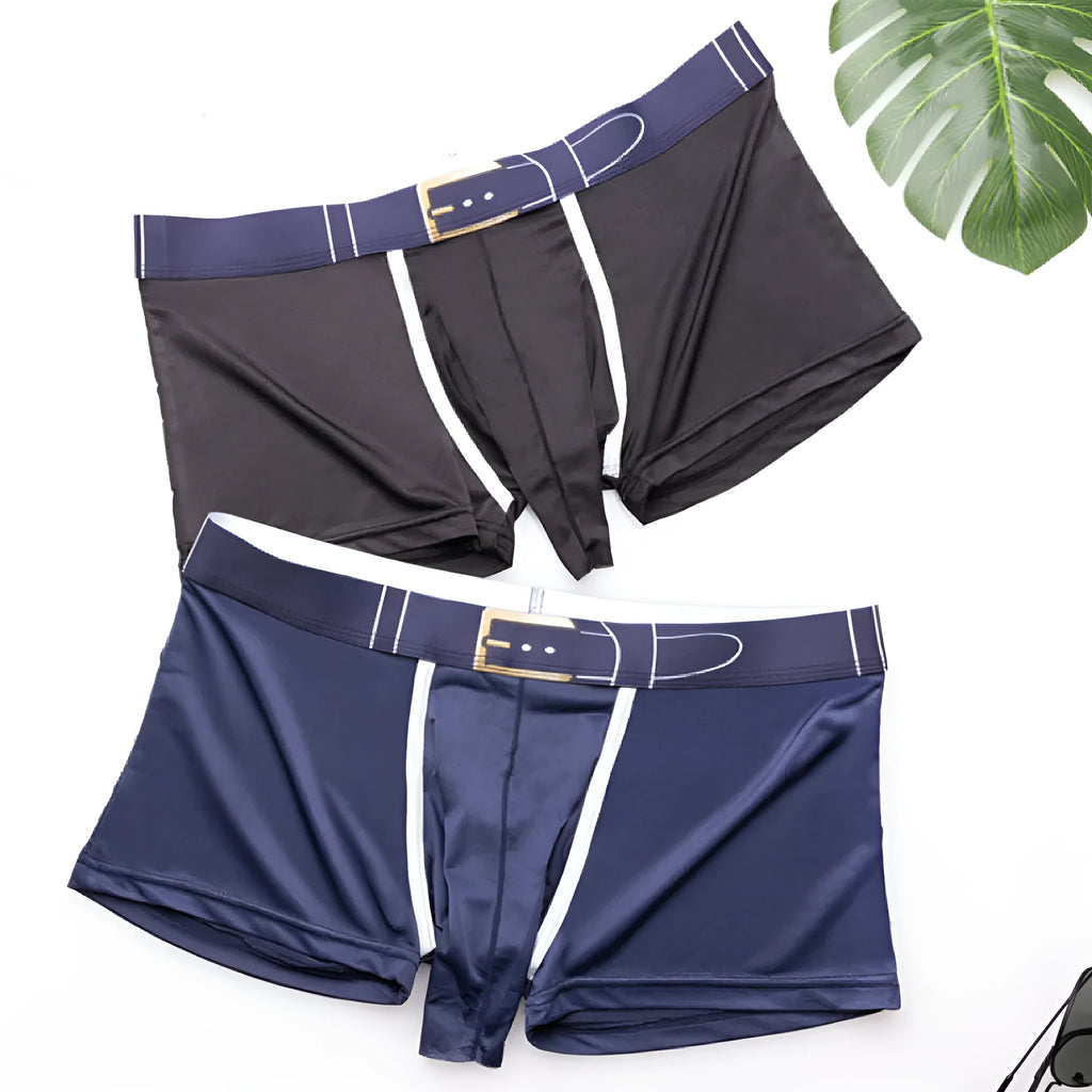 A pair of solid grey men's Ice Silk boxer shorts laid flat, showing the mid-waist design and soft fabric texture.