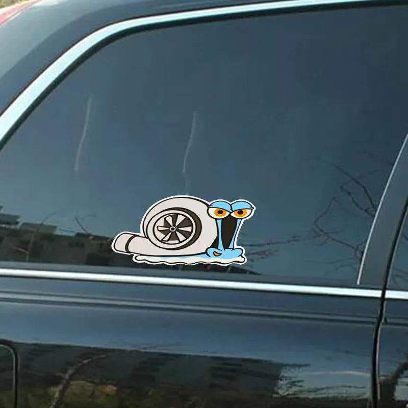 White cartoon snail reflective car sticker for bumper measuring 12cm by 8cm