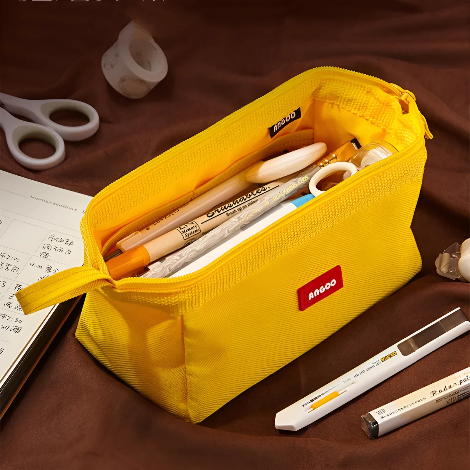 Oxford cloth pencil case with double zippers in yellow, black or dark blue colours for stationery storage