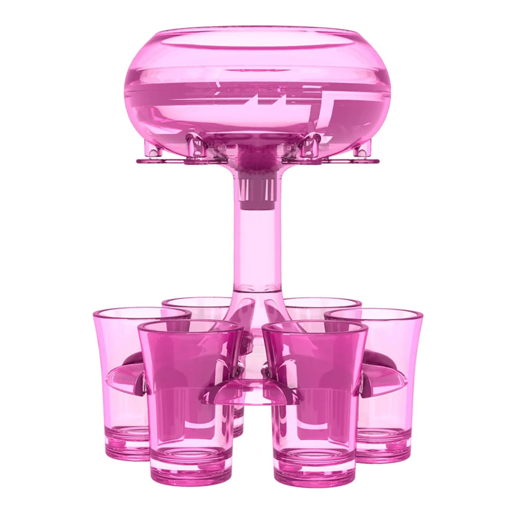 Transparent six-cup shot glass dispenser rack with gold-trimmed cups on a table.