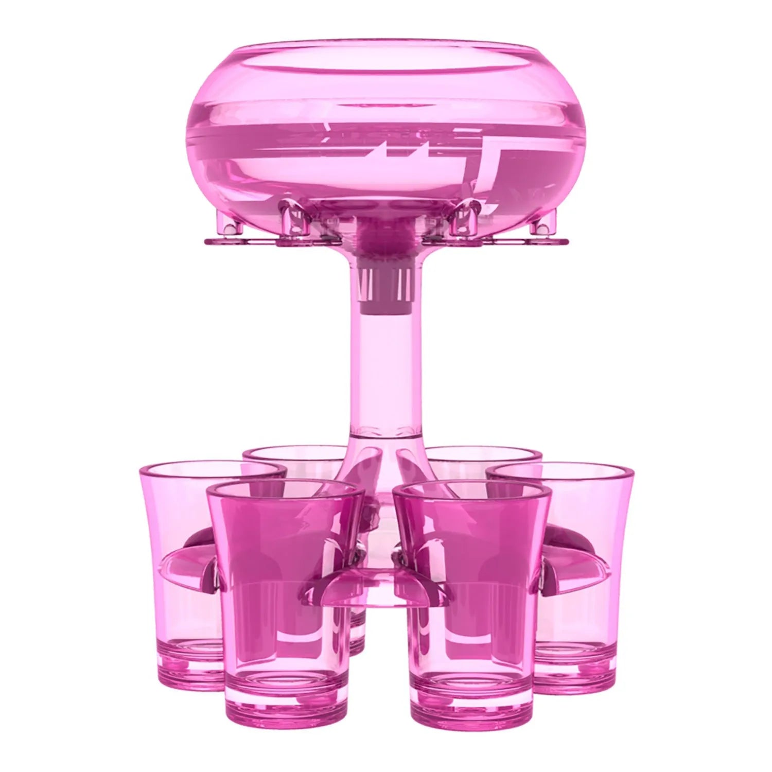 Transparent six-cup shot glass dispenser rack with gold-trimmed cups on a table.