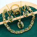 Women's copper zircon jewellery set with snake bone chain necklace, matching earrings and ring in olive green or red