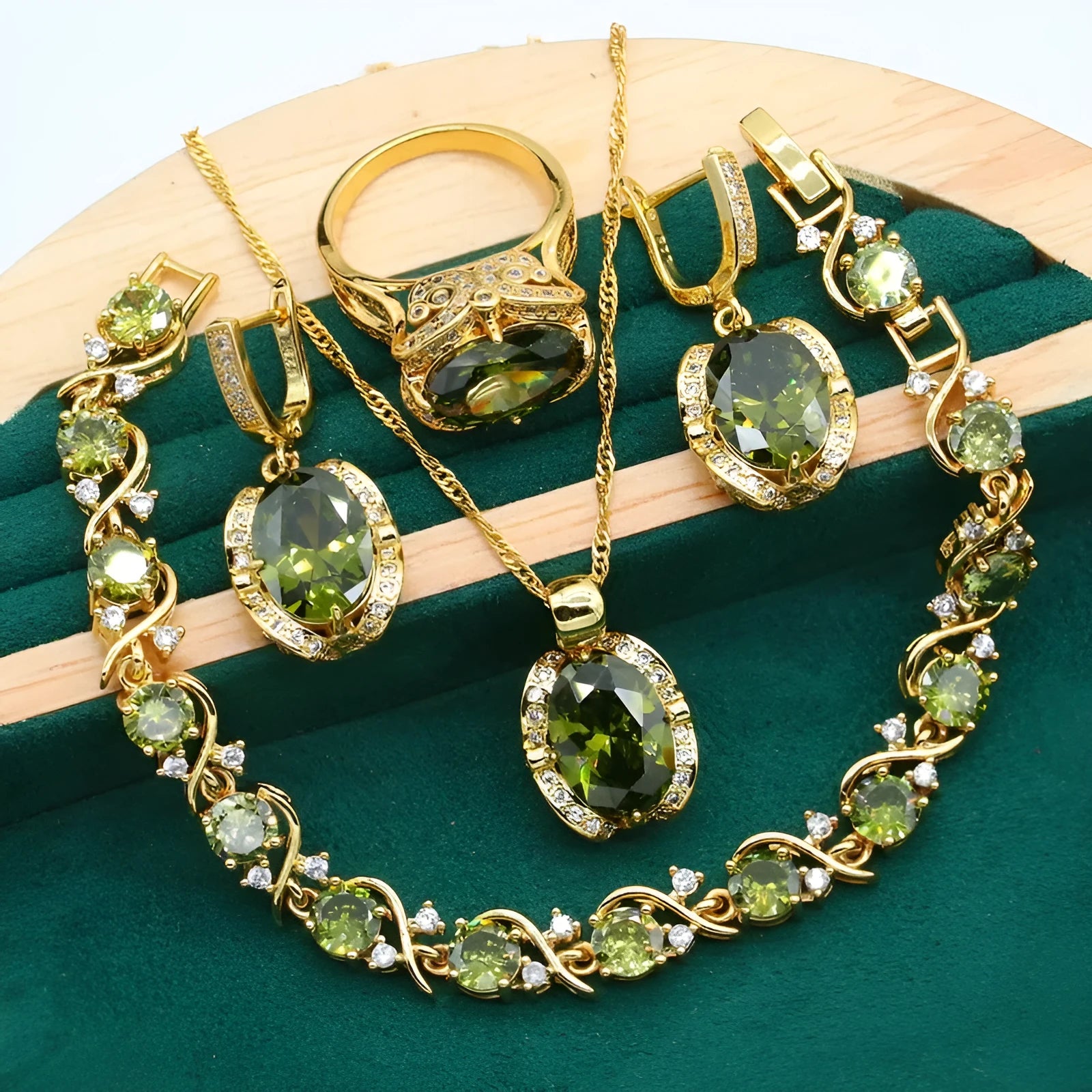 Women's copper zircon jewellery set with snake bone chain necklace, matching earrings and ring in olive green or red