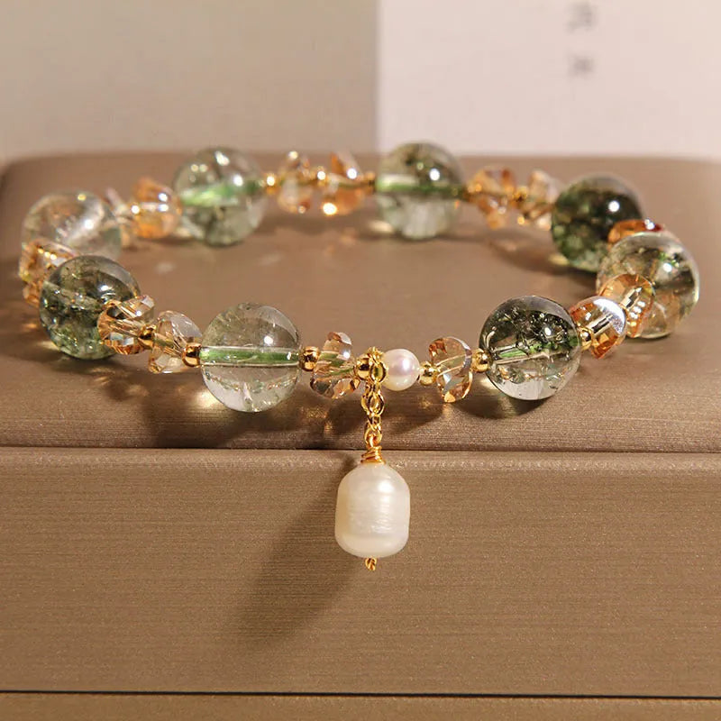 Women's natural chorite crystal bracelet with green phantom quartz stones and high-grade pearl accents