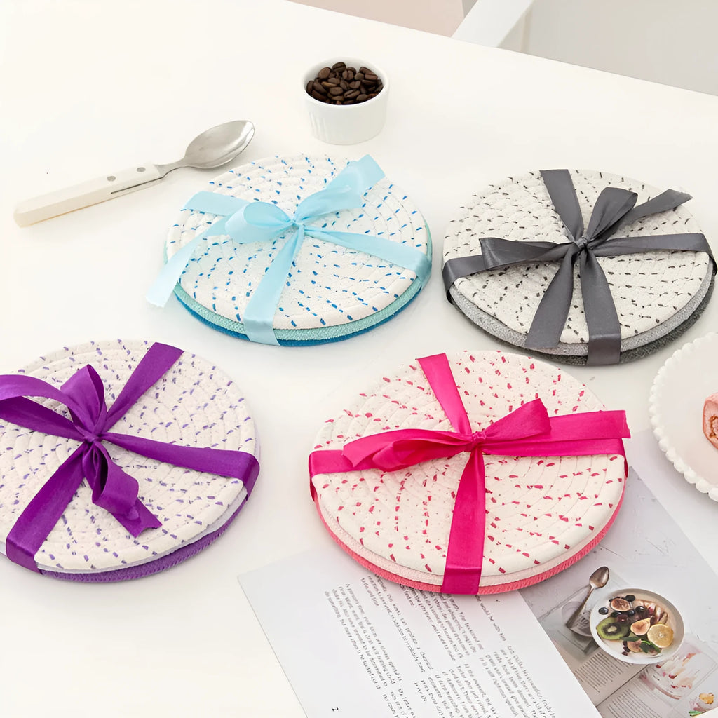 Cotton cord round coaster placemat three-piece set in blue colour with 18cm diameter
