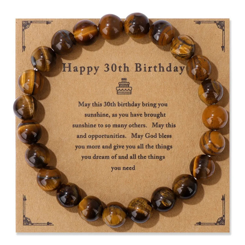 Men's natural stone bead elastic string bracelet in geometric circle style with birthday card