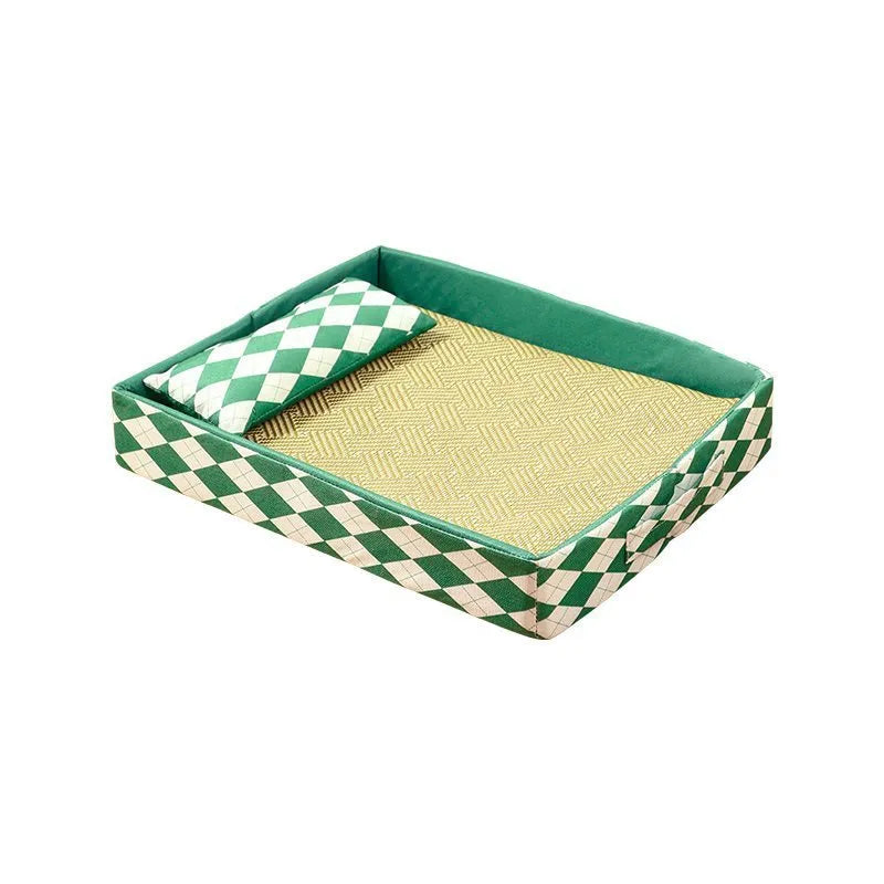 Blue rattan woven cat litter mat and bed placed next to a litter tray.