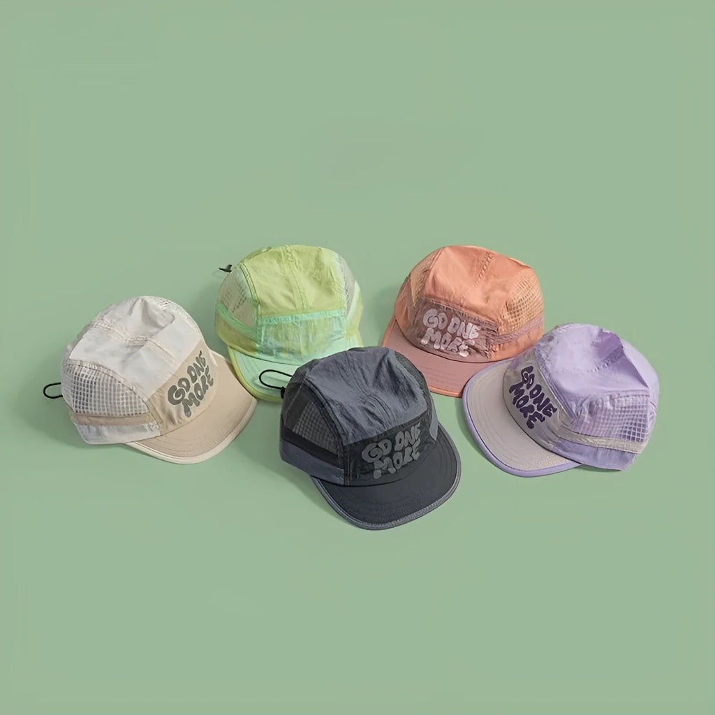 Quick-drying mesh baseball cap with dome crown and digital printed English letters in light green colour