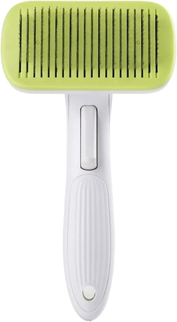 Blue automatic pet hair removal comb for dogs and cats on a white background.