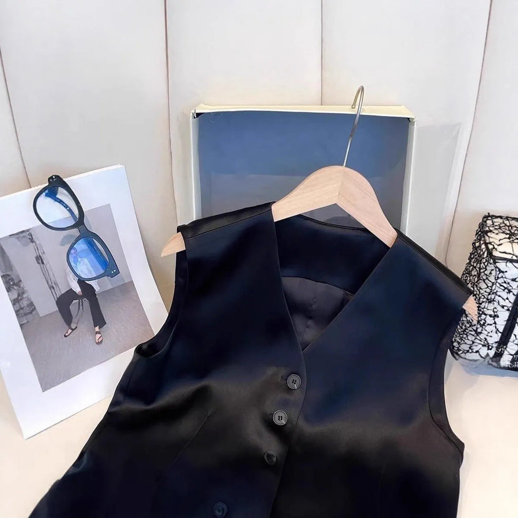 Black satin ladies' sleeveless V-neck vest with splicing detail, shown on a hanger.