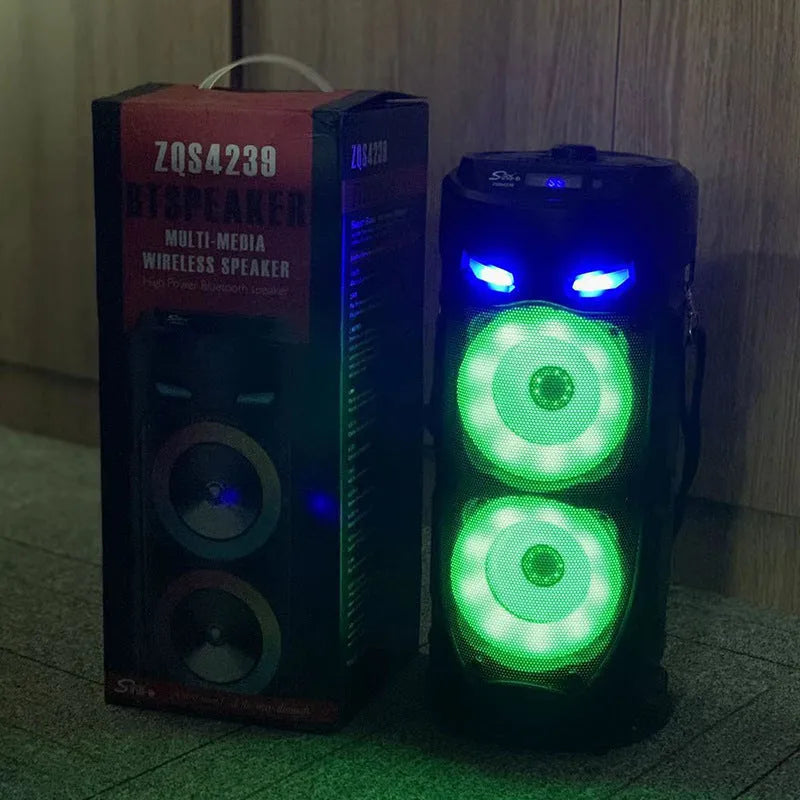 Black portable Bluetooth speaker with wheat pattern finish and dual horn cannon design