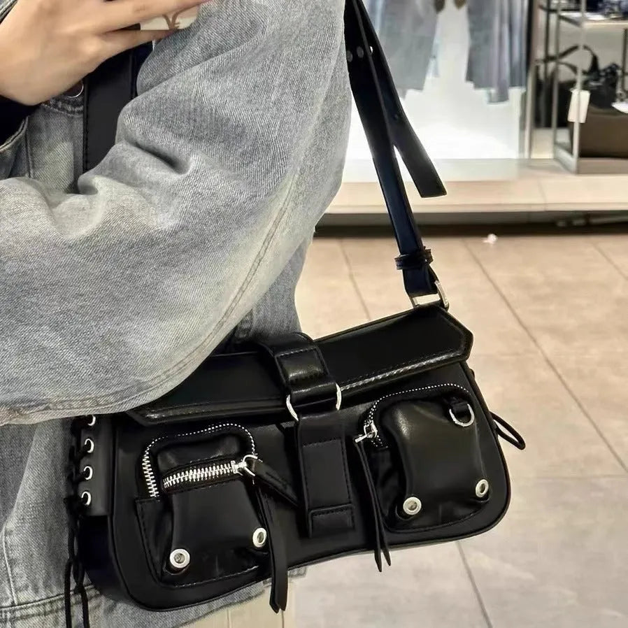 Black PU baguette messenger bag with adjustable shoulder strap showing dimensions