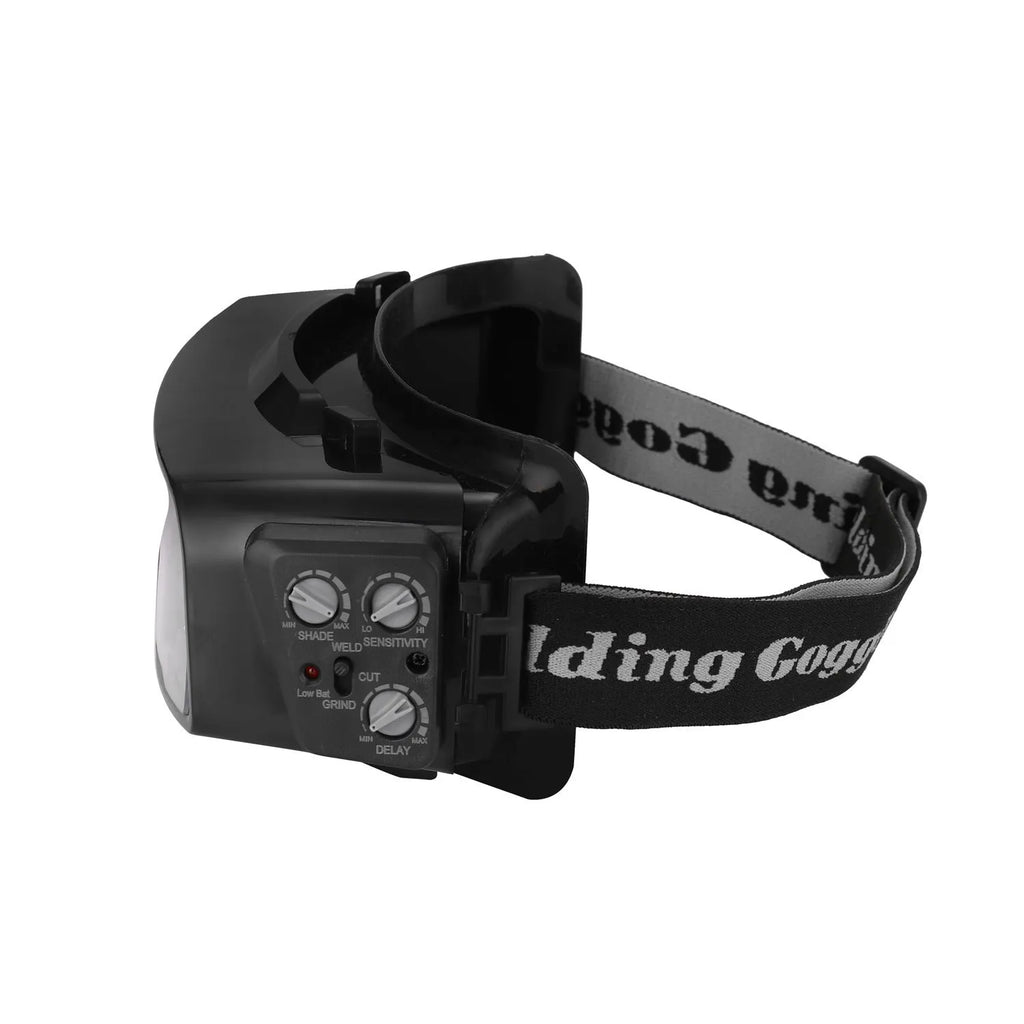 Black automatic darkening welding mask with large viewing lens for arc welding protection.