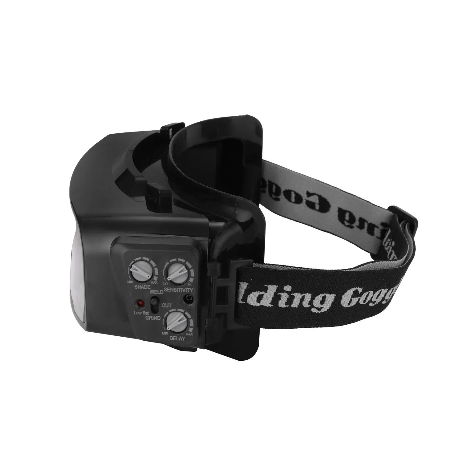 Black automatic darkening welding mask with large viewing lens for arc welding protection.