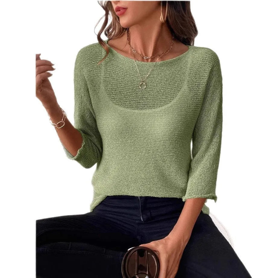 Women's thin off-shoulder knitted jumper in lavender purple with three-quarter sleeves.