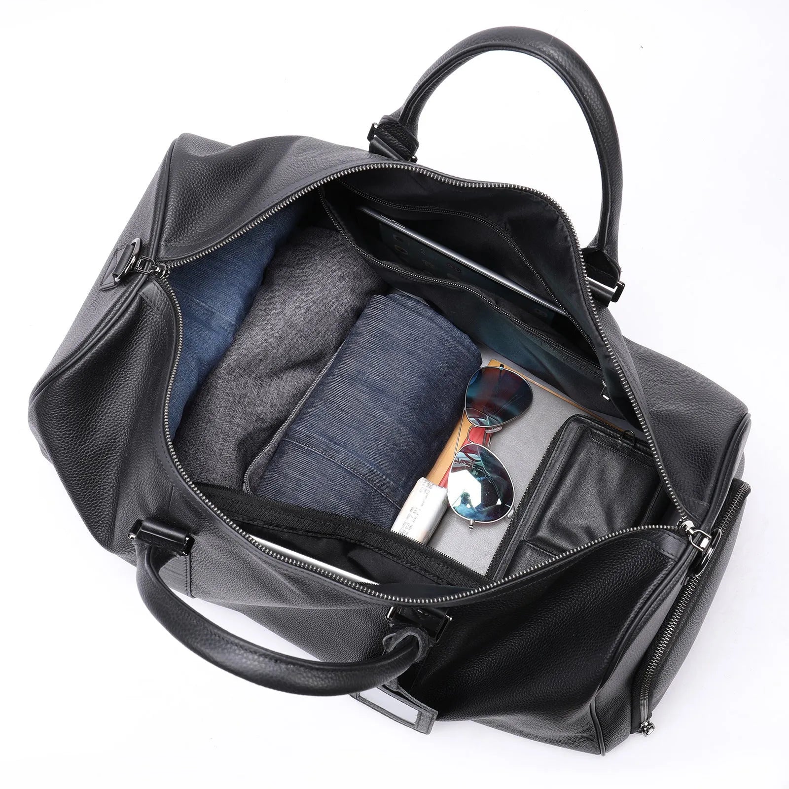 Men's black leather excursion tote bag with single strap showing 44cm length