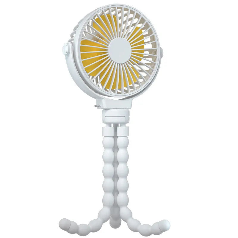 Black flexible tripod clip fan showing 360-degree rotation and adjustable legs with 2000mAh battery capacity