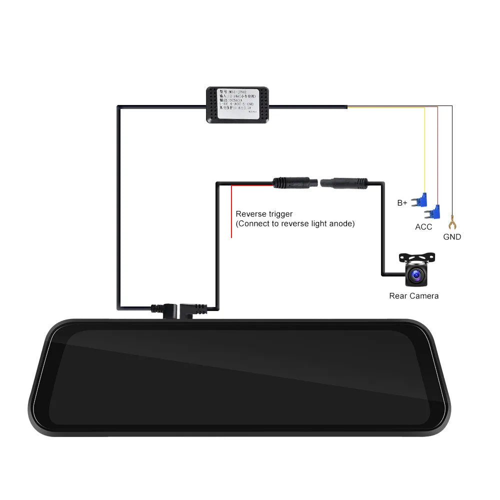 9.66-inch black wired dash cam rearview mirror recorder mounted on car windscreen with dual-camera display