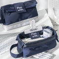 Polyester folding double-layer pencil case in dark blue, blue, or cream white.