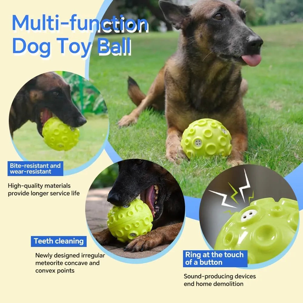 Colourful dog toy ball with textured meteorite bumps for teeth cleaning and squeaky sound
