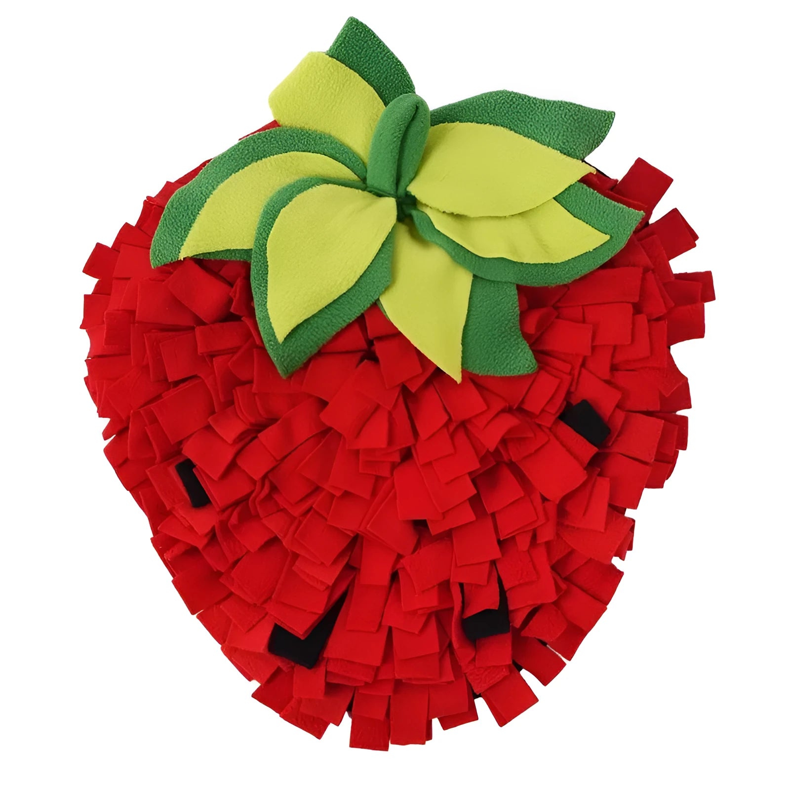 Red and green strawberry-shaped interactive slow feeder mat for pets on a floor.