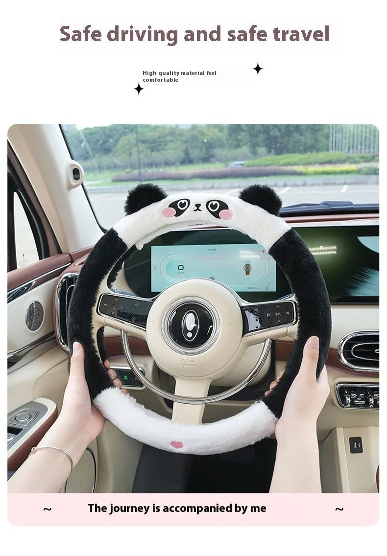 Plush winter steering wheel cover with embroidered cartoon bear design, sized for 38cm diameter wheels.