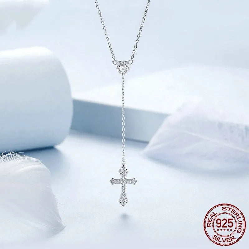 Women's simple V-neck necklace with silver love cross pendant on adjustable chain