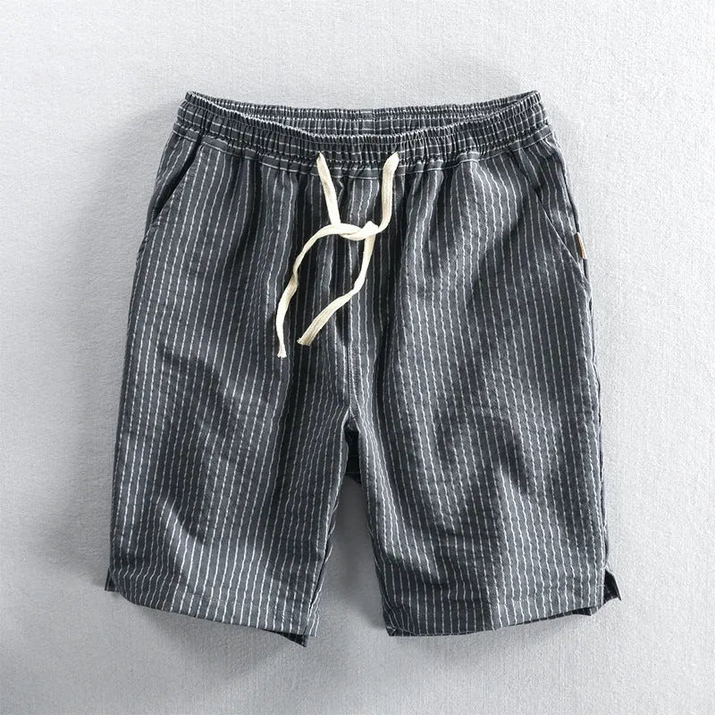 Men's striped cotton casual shorts with loose straight fit and elastic waist in multiple colour options