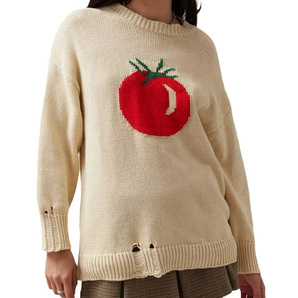 Women's milky white acrylic jacquard knit pullover sweater with a round neck and long sleeves.