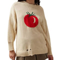 Women's milky white acrylic jacquard knit pullover sweater with a round neck and long sleeves.