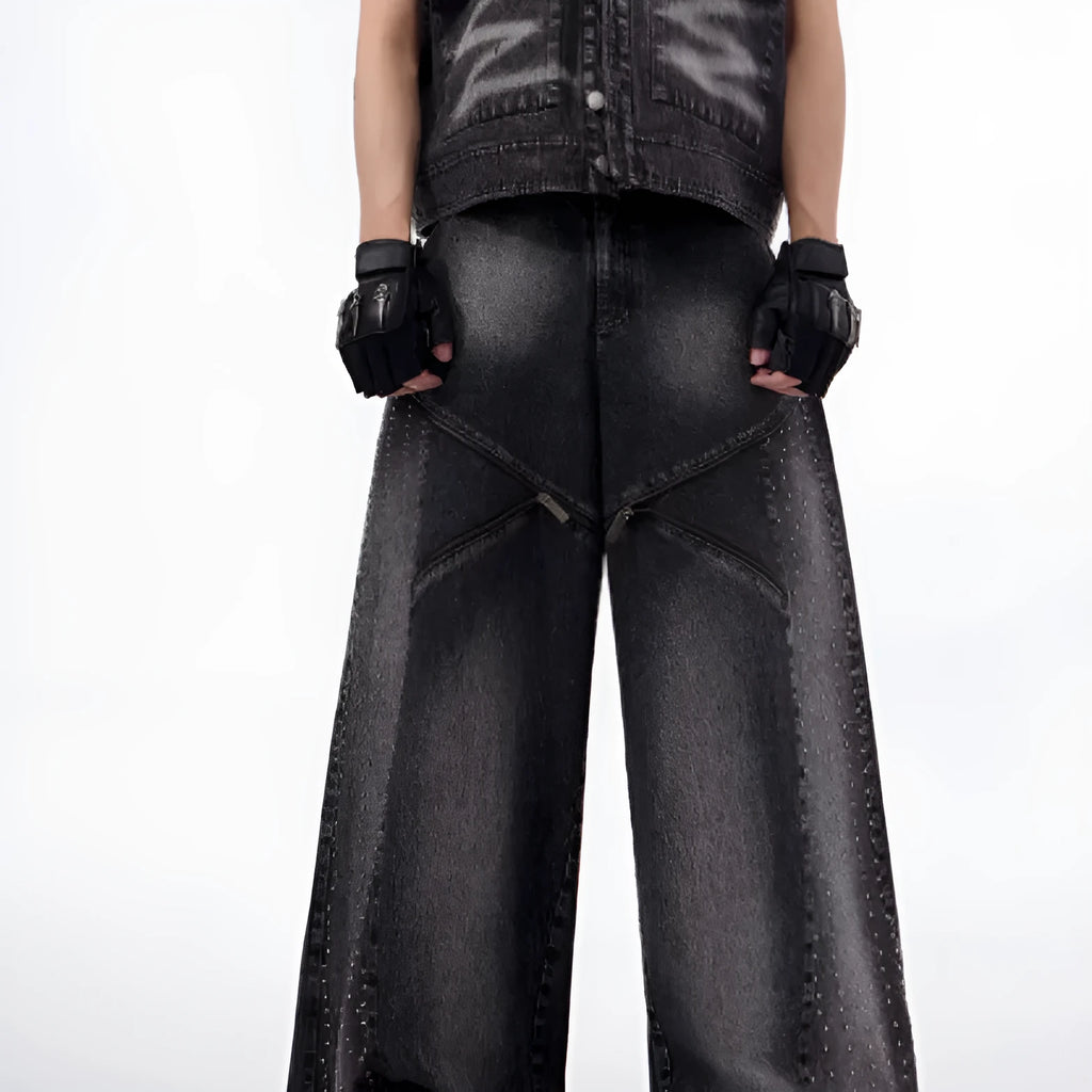 Korean style washed denim wide leg pants with matching waistcoat in black and grey