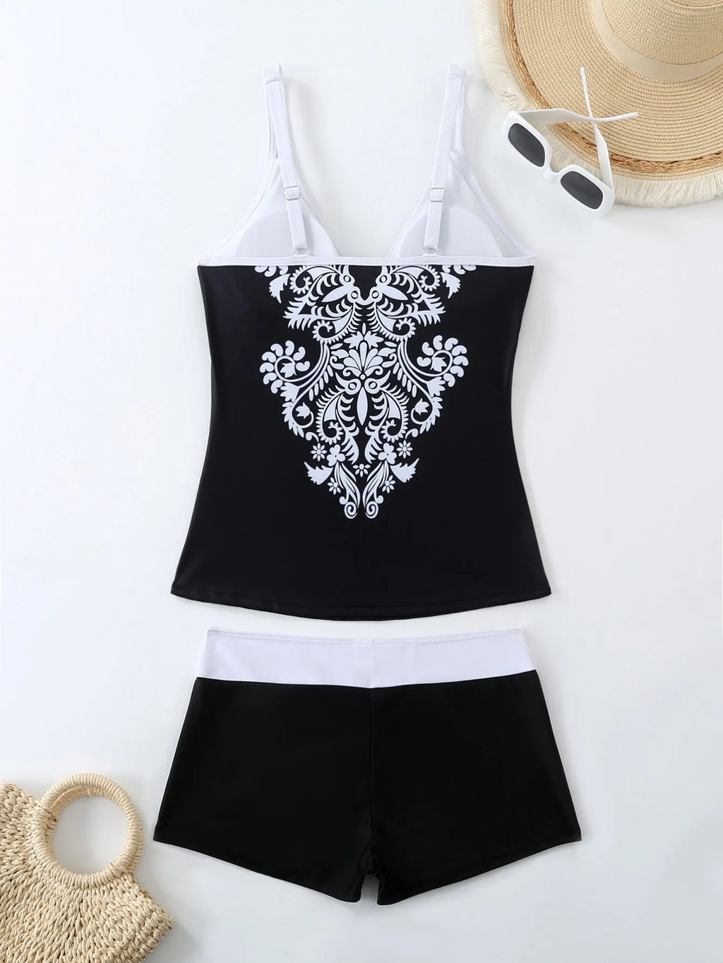 Plus size women's swimsuit set in black or rose red with cotton lining and polyester fabric