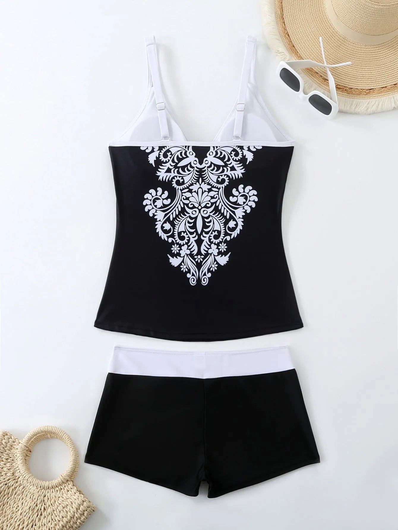 Plus size women's swimsuit set in black or rose red with cotton lining and polyester fabric