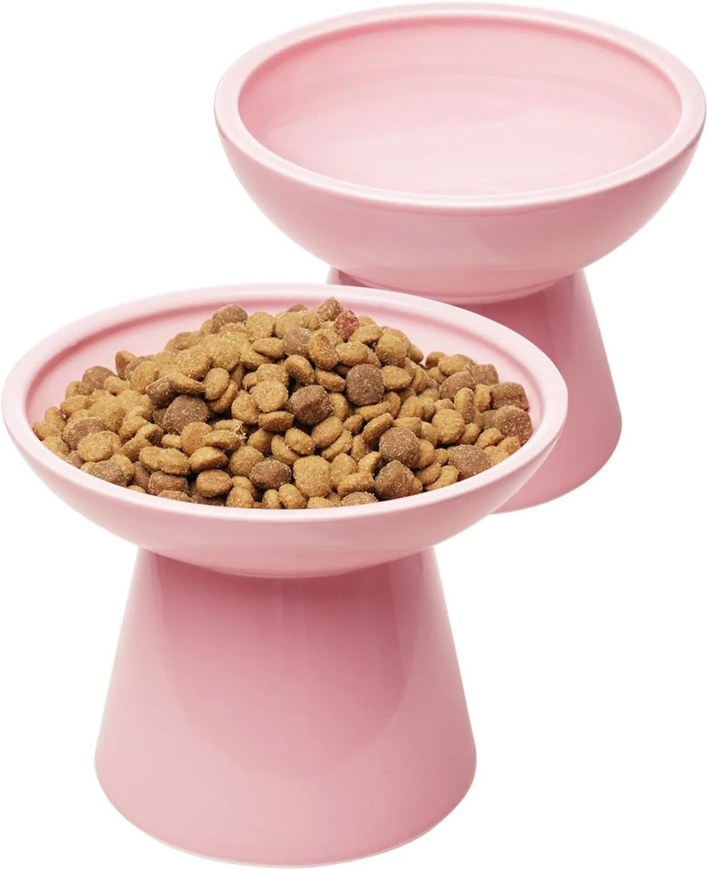 Blue elevated ceramic cat food bowl on a white surface
