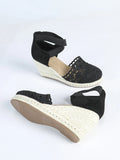 Women's canvas Roman-style wedge sandals in apricot colour with round toe design