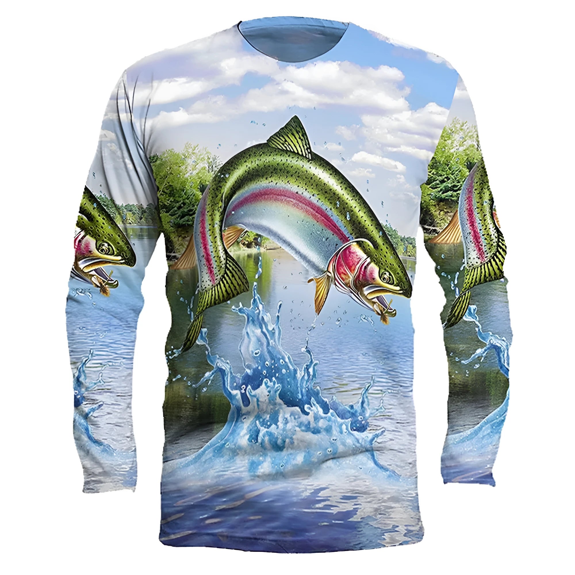 Men's grey long-sleeved pullover with a printed fish design on the front, showing round neck and casual fit.