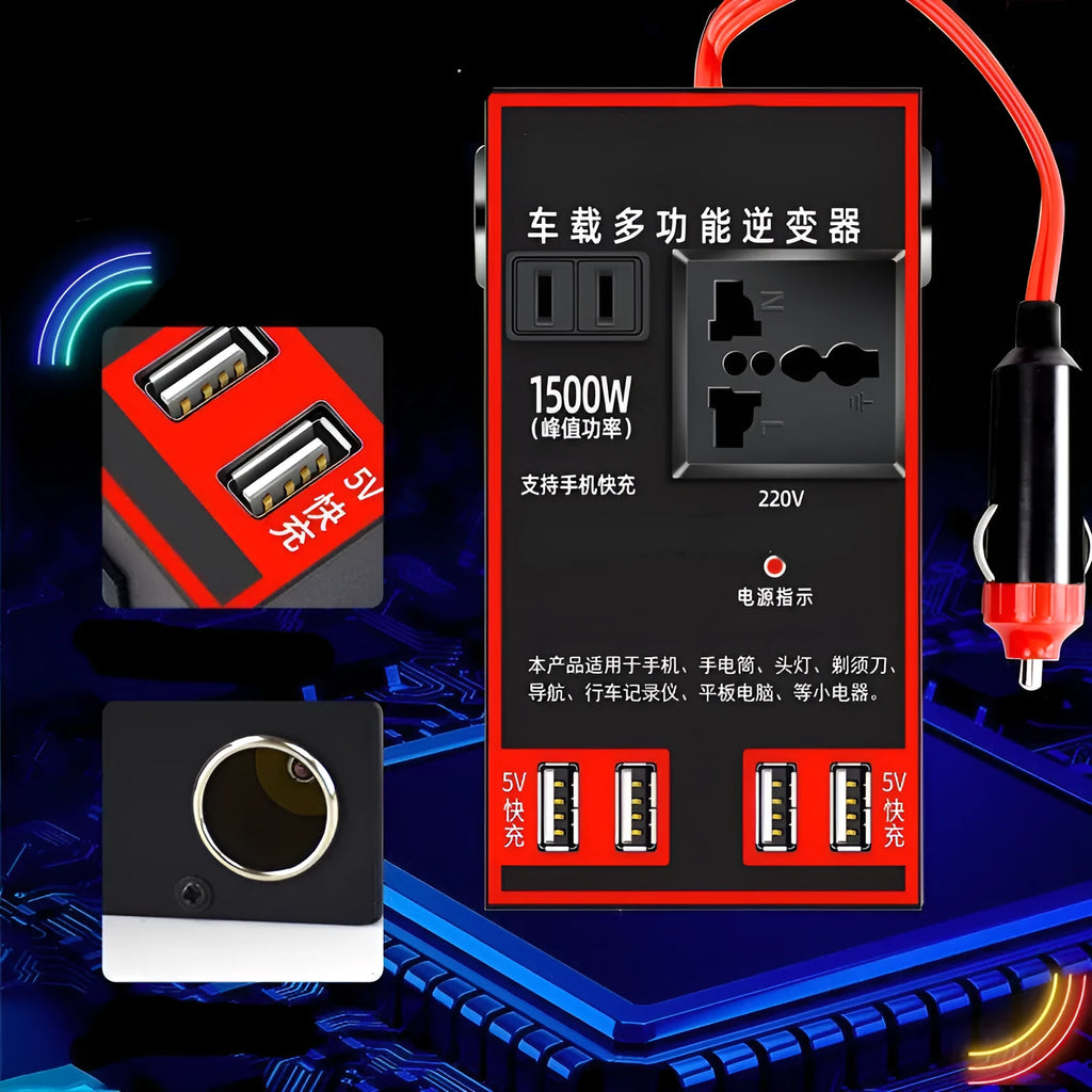 Black automotive power converter for 12V/24V to 220V transformation with USB charging ports