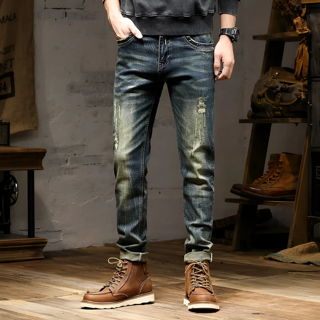 Men's skinny fit jeans in retro colour with zip fly, shown flat and on model