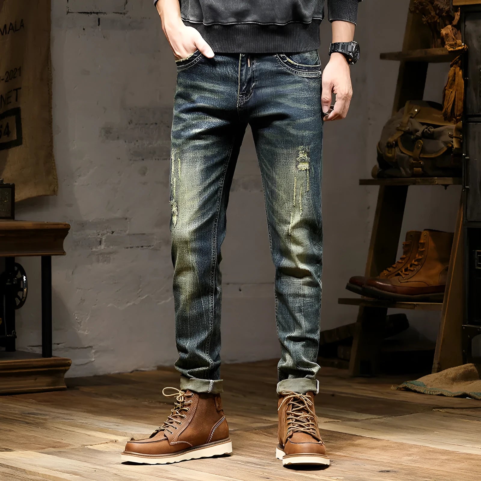 Men's skinny fit jeans in retro colour with zip fly, shown flat and on model