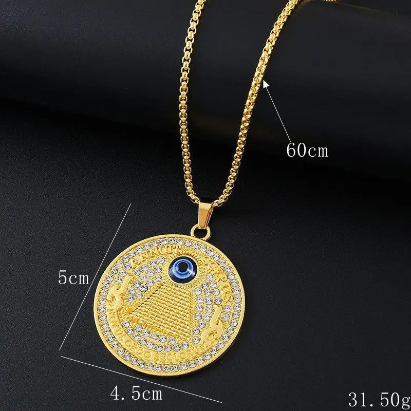 Geometric gold-coloured alloy pendant necklace with inlaid zircon stones for women.