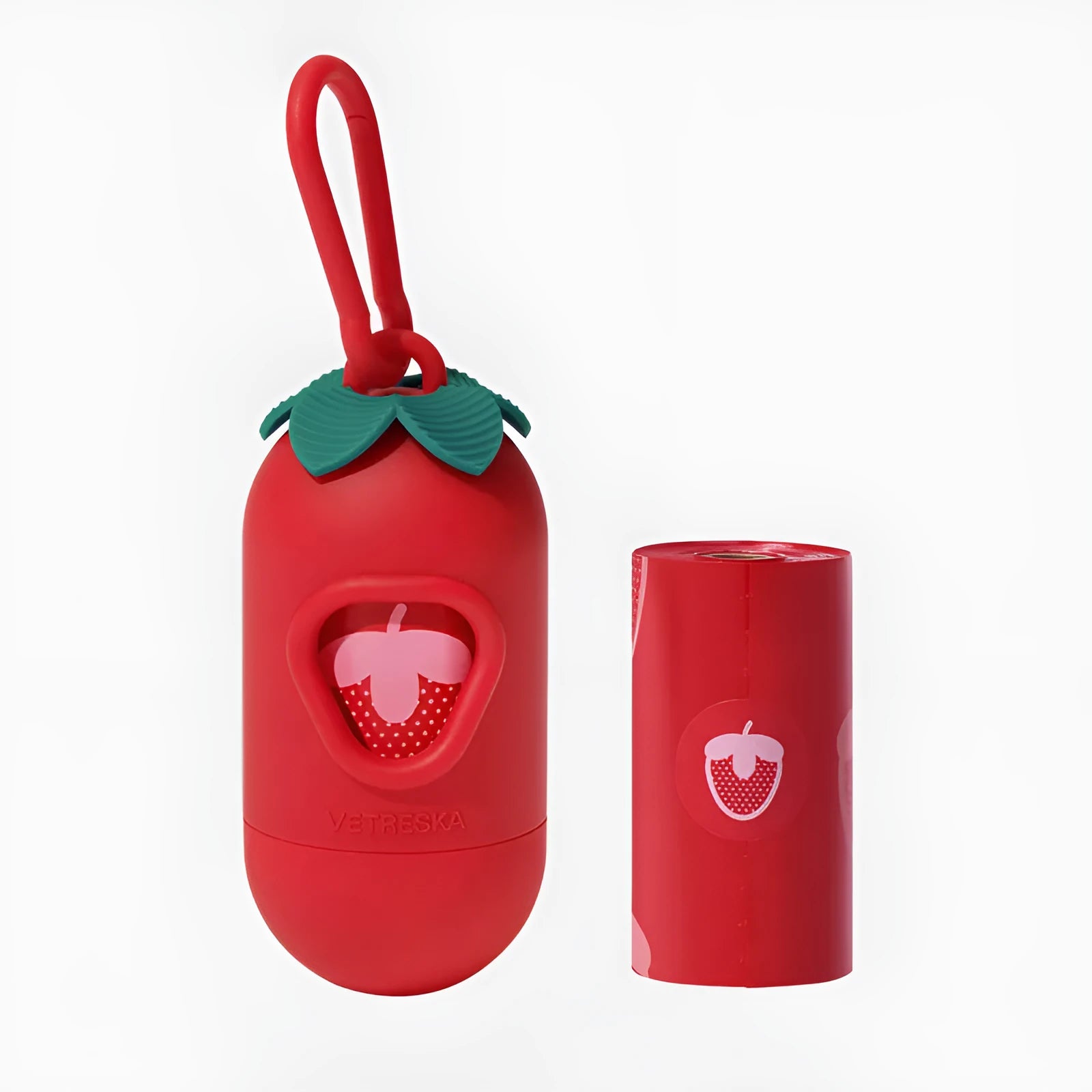 Refillable dog poo bag dispenser capsule with scented inner bags in strawberry, orange and cherry blossom fragrance options