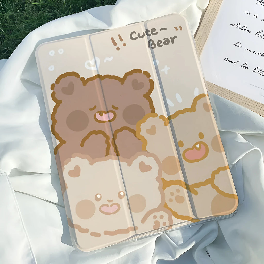 Silicone tri-fold iPad protective case with cartoon rabbit pattern, shown in stand mode.