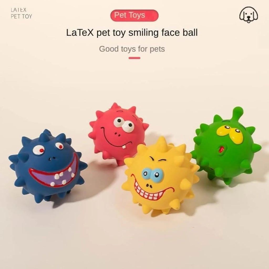 Four coloured natural latex squeaky dog balls with bumpy texture and cute faces