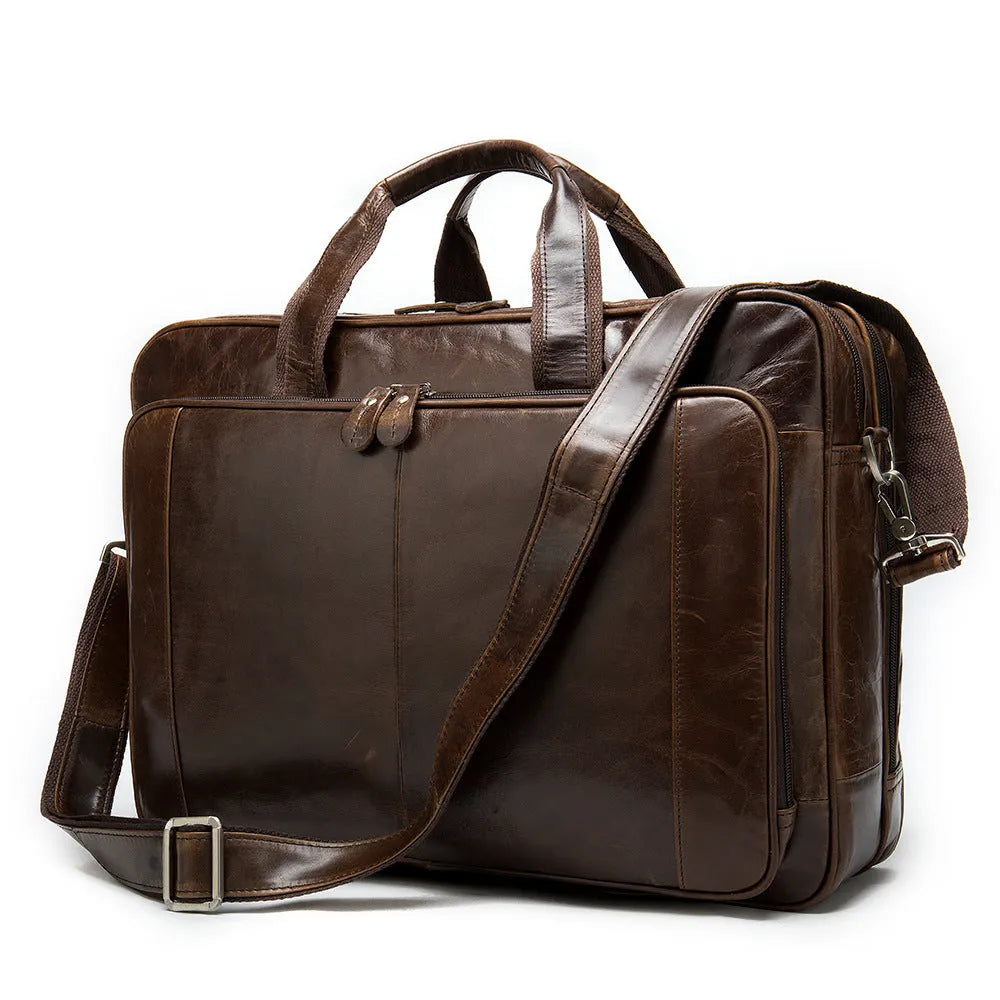 Men's hand-carrying genuine leather briefcase in coffee colour with retro styling for business travel