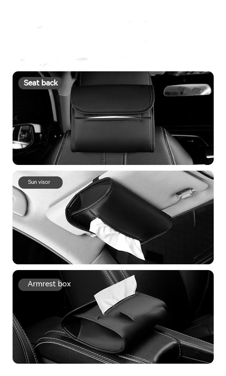 Brown leather car tissue box with elastic band, shown mounted on a car sun visor.
