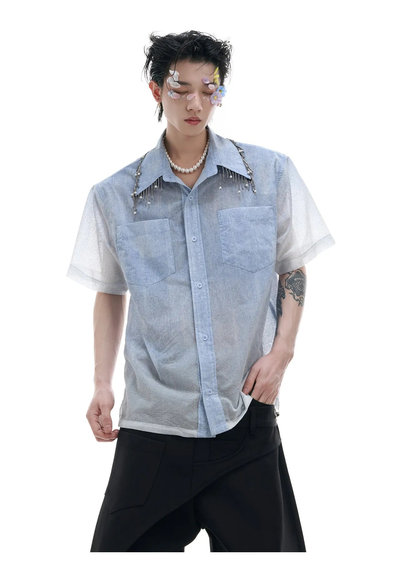Men's blue and white gradient quilted loose fit short sleeve casual shirt