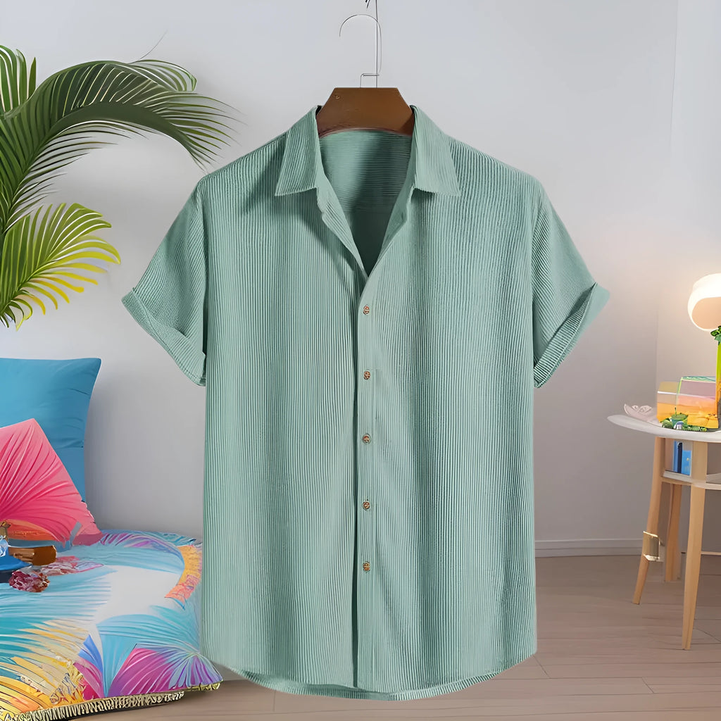 Man wearing a casual short-sleeve polyester shirt in a cardigan style, available in various colours and sizes.